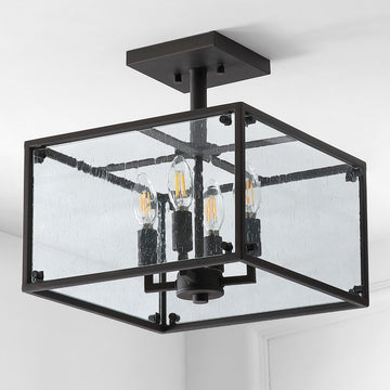 Paysan 13" Iron/Seeded Glass Rustic Farmhouse LED Flush Mount - JONATHAN Y